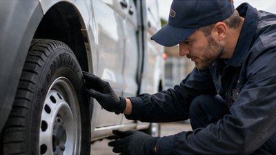 A technician inspecting a business vehicle