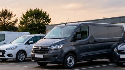 A mixed business fleet of cars and vans parked outside commercial premises
